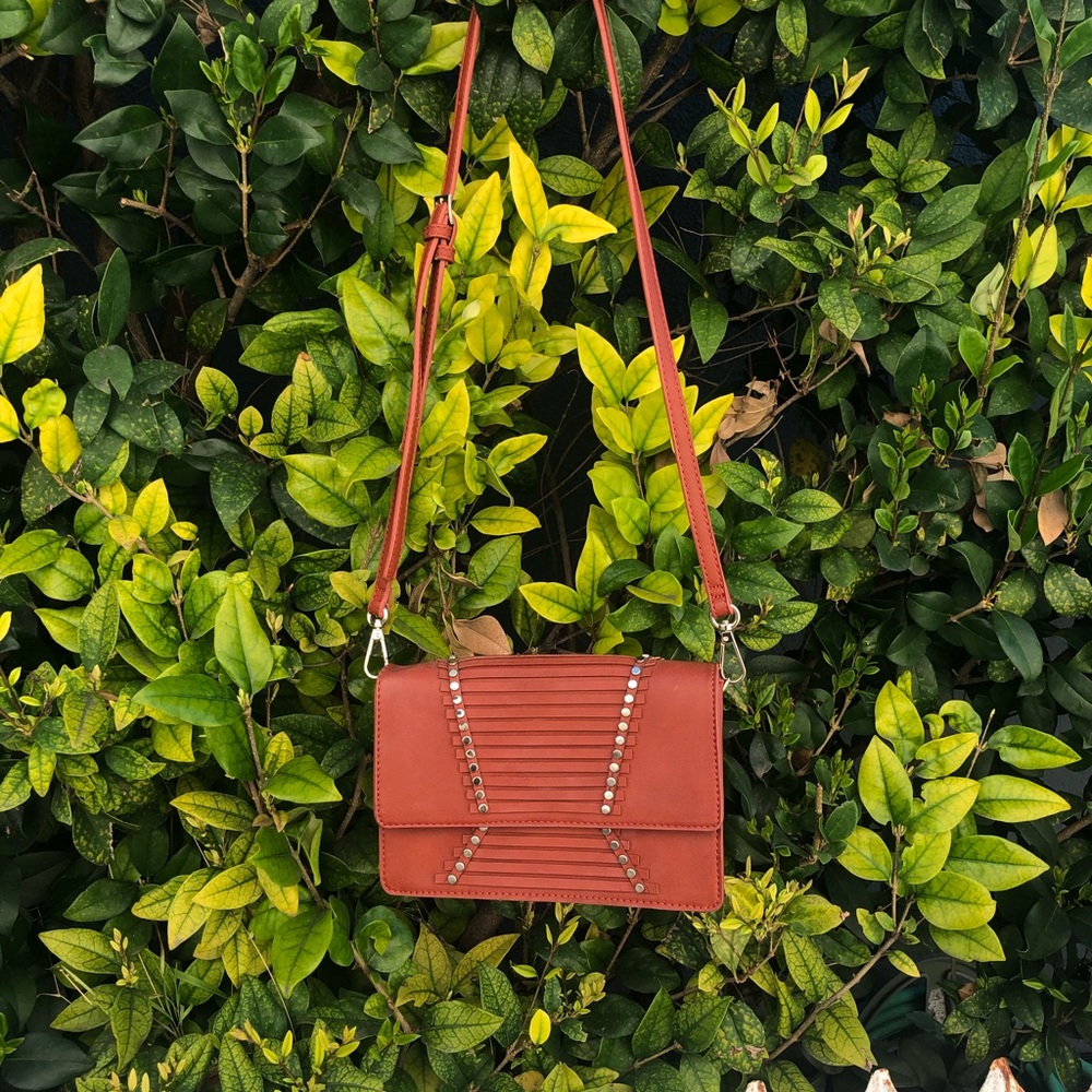 Crossbody bag with gold embellishments.